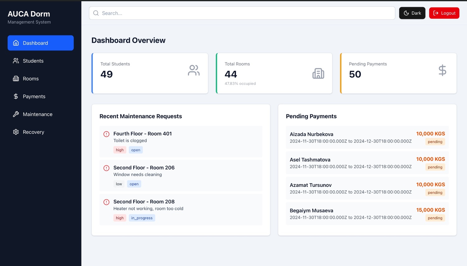 AUCA Dorm Management System project screenshot